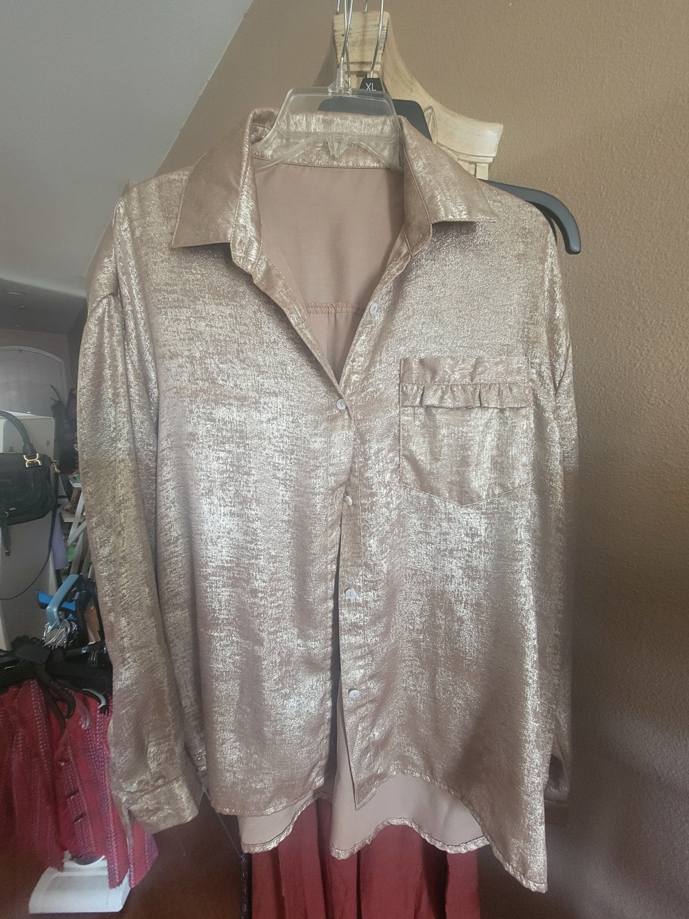 Women's Metallic Taupe Button-Up Shirt